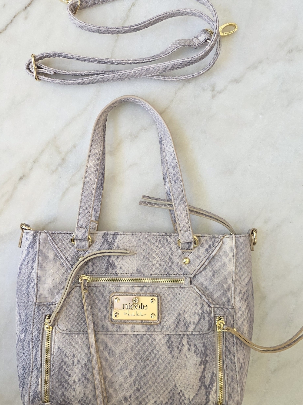 Nicole by Nicole Miller Faux Snakeskin Satchel Crossbody Purse Gray - Picture 13 of 13